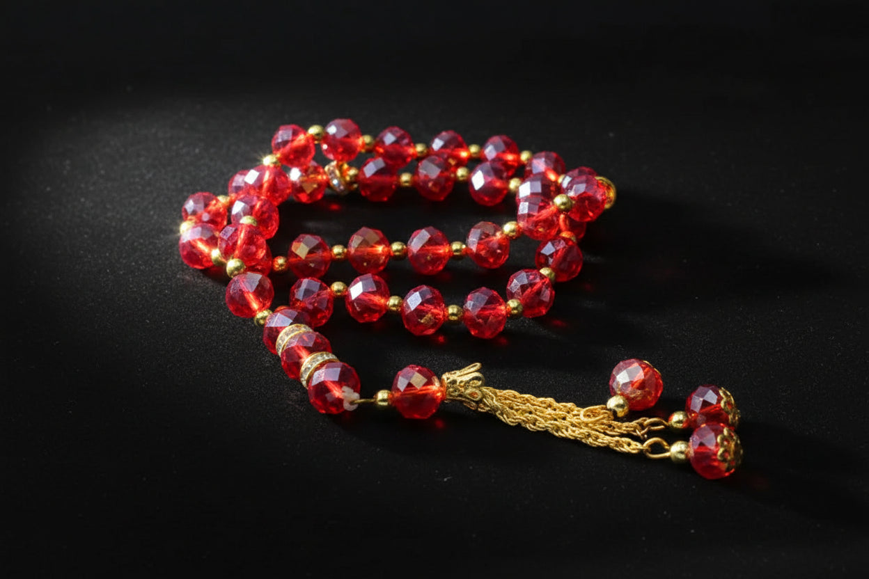 Tasbih de luxe avec perles rouges rubis facettées aux reflets chaleureux, agrémenté de séparateurs dorés étincelants et d'un pompon à chaînettes en or.